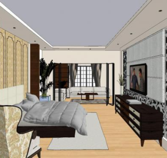 简欧客厅卧室SU模型下载_sketchup草图大师SKP模型