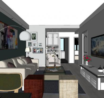 简约客厅现代户型SU模型下载_sketchup草图大师SKP模型