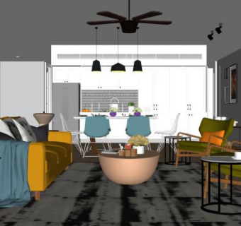 现代户型简约客餐厅SU模型下载_sketchup草图大师SKP模型