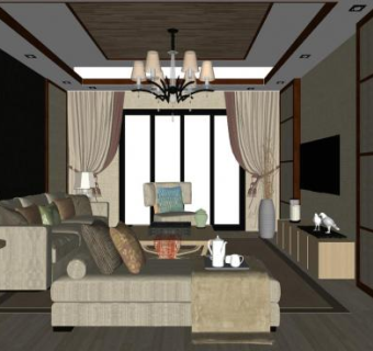 新中式客厅现代户型SU模型下载_sketchup草图大师SKP模型