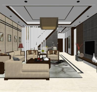 现代新中式客厅家装sketchup模型下载_sketchup草图大师SKP模型