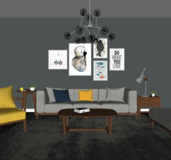 现代北欧客厅软装SU模型下载_sketchup草图大师SKP模型