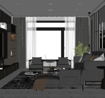 现代简约时尚客厅SU模型下载_sketchup草图大师SKP模型