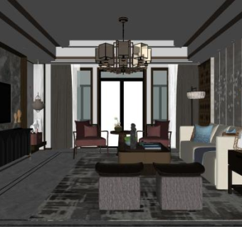 新中式风格客厅室内SU模型下载_sketchup草图大师SKP模型