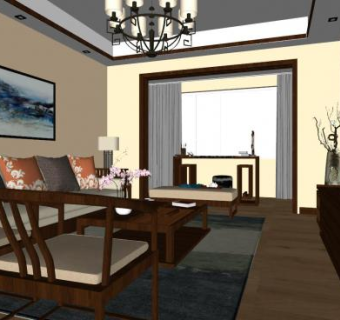 新中式复古客厅设计SU模型下载_sketchup草图大师SKP模型