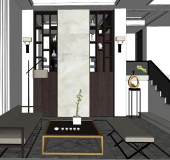 新中式禅意客厅设计SU模型下载_sketchup草图大师SKP模型