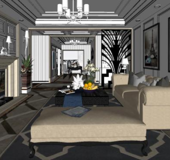 现代装修美式客厅SU模型下载_sketchup草图大师SKP模型