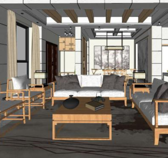 新中式装修客餐厅SU模型下载_sketchup草图大师SKP模型