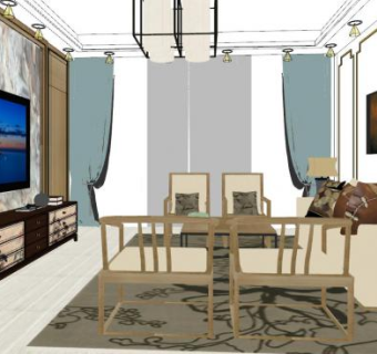 现代户型新中式客厅sketchup模型下载_sketchup草图大师SKP模型