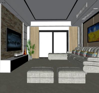 简约客厅家装设计SU模型下载_sketchup草图大师SKP模型