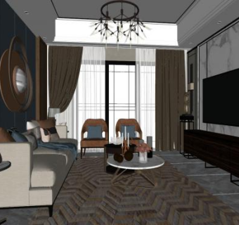 现代新中式家装客厅SU模型下载_sketchup草图大师SKP模型