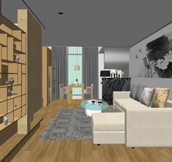 现代原木风客餐厅SU模型下载_sketchup草图大师SKP模型