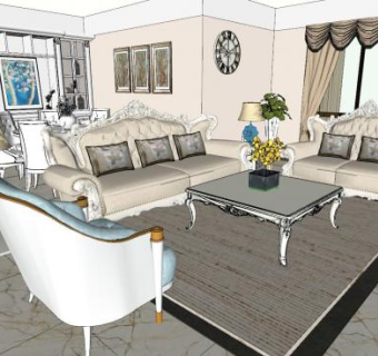 美式奢华客餐厅SU模型下载_sketchup草图大师SKP模型