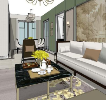 新中式轻奢客餐厅SU模型下载_sketchup草图大师SKP模型