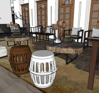 新中式复古客厅室内SU模型下载_sketchup草图大师SKP模型