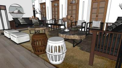 新中式复古客厅室内SU模型下载_sketchup草图大师SKP模型