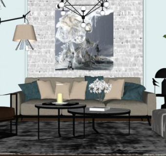 简欧工业风客厅软装SU模型下载_sketchup草图大师SKP模型