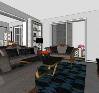 现代户型美式轻奢客厅SU模型下载_sketchup草图大师SKP模型