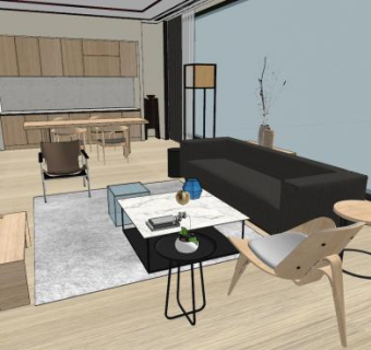 简约原木风客餐厅SU模型下载_sketchup草图大师SKP模型