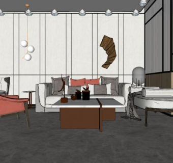 现代装修极简客厅SU模型下载_sketchup草图大师SKP模型