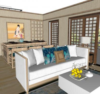 新中式装修简约客餐厅SU模型下载_sketchup草图大师SKP模型