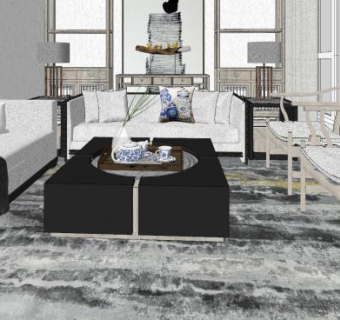 新中式轻奢装修客厅SU模型下载_sketchup草图大师SKP模型