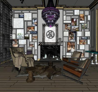 复古美式客厅设计SU模型下载_sketchup草图大师SKP模型