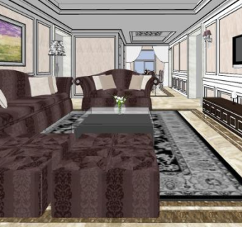 简欧轻奢客厅装修SU模型下载_sketchup草图大师SKP模型