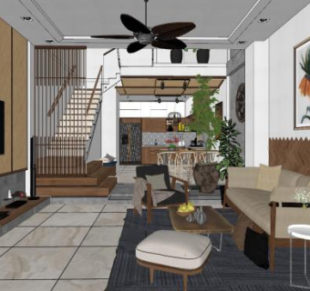 现代古典客餐厅设计SU模型下载_sketchup草图大师SKP模型