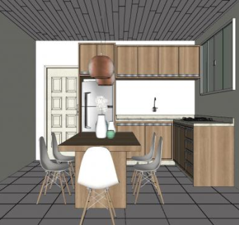 现代原木风餐厅厨房SU模型下载_sketchup草图大师SKP模型