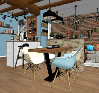工业风客厅餐厅SU模型下载_sketchup草图大师SKP模型