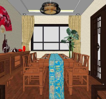 中式家装餐厅设计SU模型下载_sketchup草图大师SKP模型