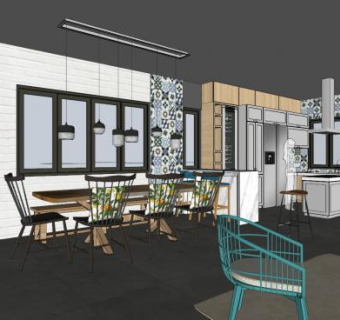 现代简欧餐厅厨房SU模型下载_sketchup草图大师SKP模型