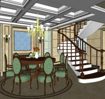 美式轻奢餐厅设计SU模型下载_sketchup草图大师SKP模型
