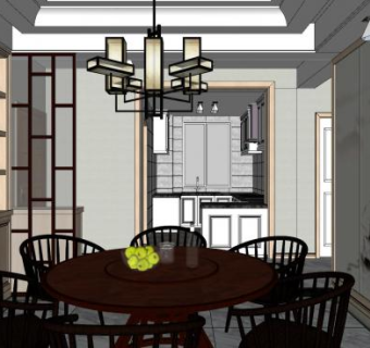 新中式餐厅家具SU模型下载_sketchup草图大师SKP模型