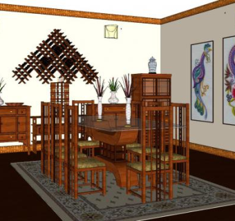 中式装修餐厅SU模型下载_sketchup草图大师SKP模型