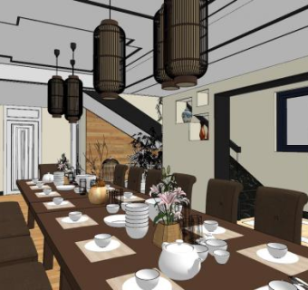 新中式大型餐厅家装SU模型下载_sketchup草图大师SKP模型