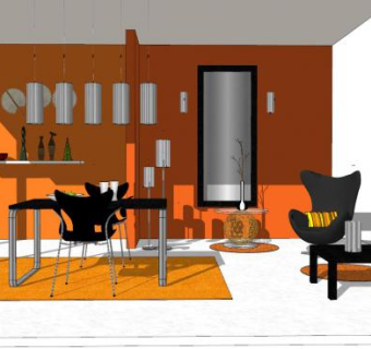 现代橙色餐厅SU模型下载_sketchup草图大师SKP模型