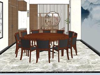 新中式家具餐厅SU模型下载_sketchup草图大师SKP模型