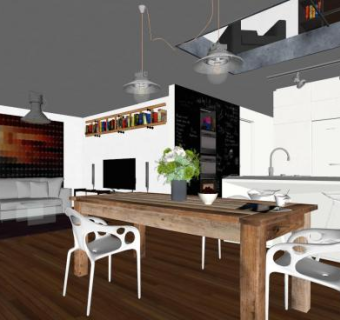 现代简约客餐厅厨房SU模型下载_sketchup草图大师SKP模型