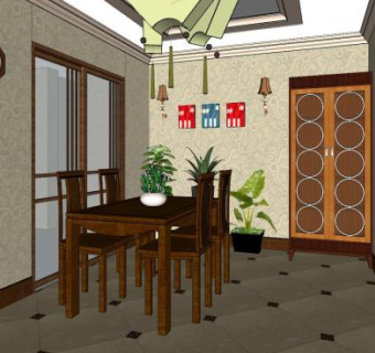 新中式简约餐厅家具SU模型下载_sketchup草图大师SKP模型