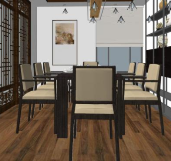 新中式简约餐厅室内SU模型下载_sketchup草图大师SKP模型