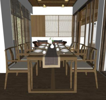 新中式简约餐厅设计SU模型下载_sketchup草图大师SKP模型