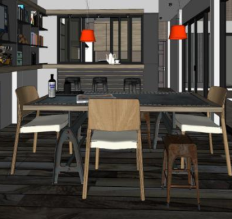 工业风餐厅厨房SU模型下载_sketchup草图大师SKP模型