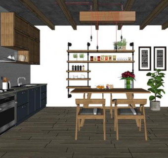 北欧简约餐厅厨房SU模型下载_sketchup草图大师SKP模型