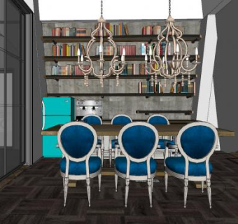 美式复古餐厅餐桌SU模型下载_sketchup草图大师SKP模型