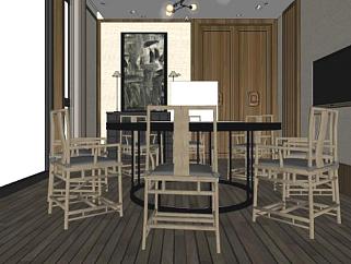 新中式家装餐厅家具SU模型下载_sketchup草图大师SKP模型