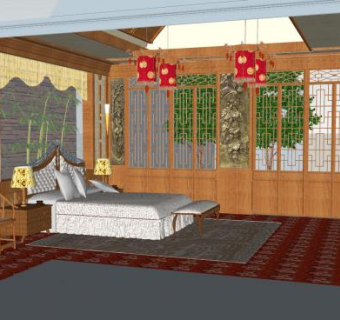 中式设计卧室家装SU模型下载_sketchup草图大师SKP模型