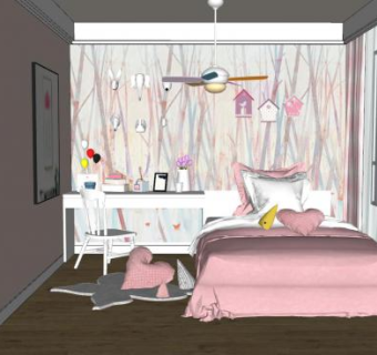北欧设计卧室女孩房SU模型下载_sketchup草图大师SKP模型