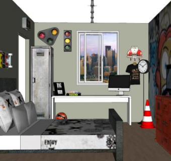 工业风卧室SU模型下载_sketchup草图大师SKP模型